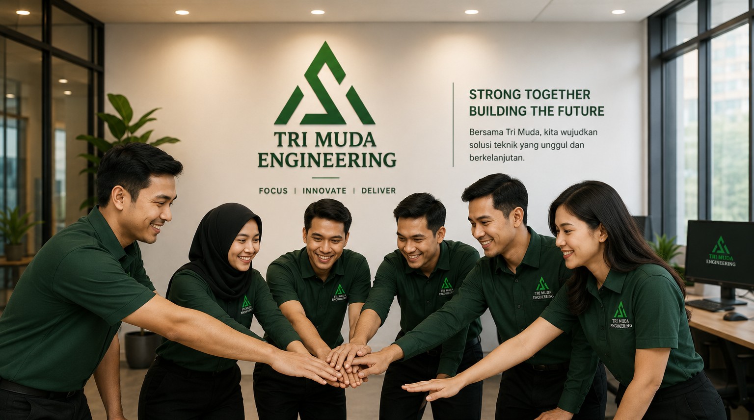 Tim Trimuda Engineering berkolaborasi di kantor pusat